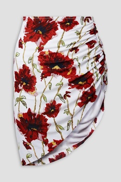 Asymmetric ruched floral-print stretch-jersey mini skirt