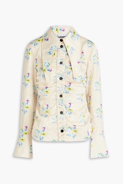 Floral-print ruched crinkled-satin shirt