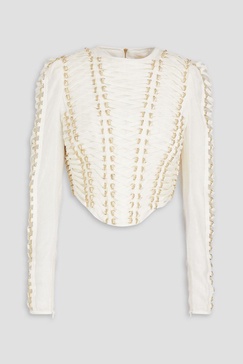 Lace-up embellished linen and silk-blend top