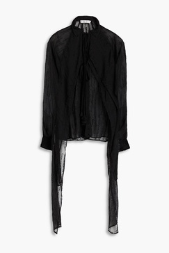 Draped broderie anglaise-trimmed crinkled voile blouse