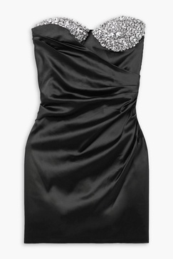 Strapless crystal-embellished draped satin mini dress