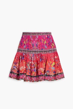 Crystal-embellished shirred printed silk mini skirt