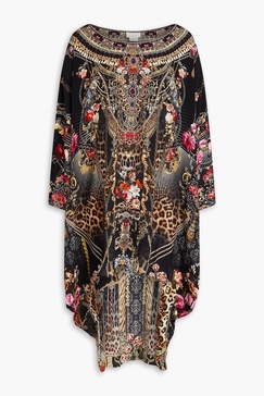 Crystal-embellished printed silk crepe de chine dress