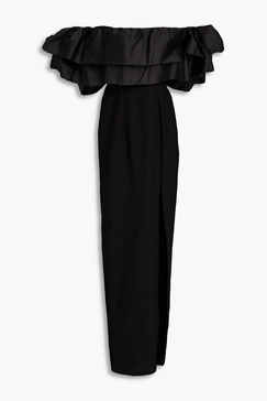 Off-the-shoulder shantung-paneled crepe maxi dress