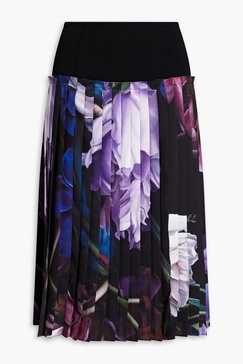 Crepe-paneled pleated printed silk-twill skirt