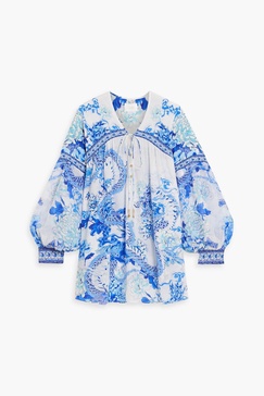 Crystal-embellished printed silk crepe de chine blouse