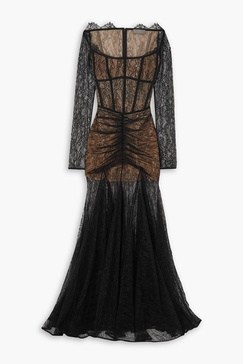 Gathered draped lace gown