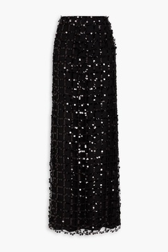 Sequined open-knit layered silk-voile maxi skirt