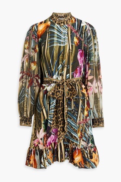 Embellished printed silk crepe de chine mini shirt dress