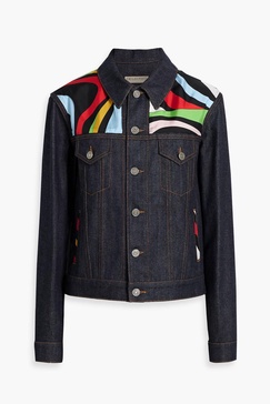 Printed silk-paneled denim jacket