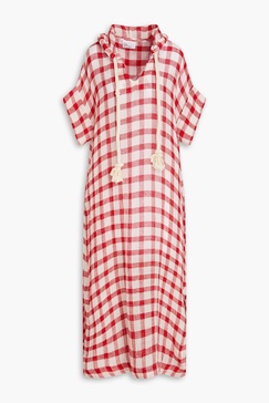 Gingham linen-blend gauze hooded kaftan