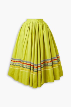 Striped grosgrain and rickrack-trimmed pleated cotton maxi skirt