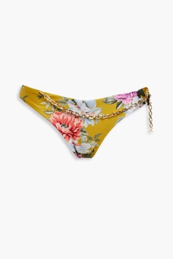 Chain-embellished floral-print low-rise bikini briefs