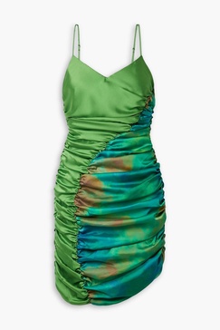 Jade ruched printed satin-twill mini dress