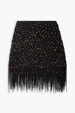 Fernanda bead-embellished fringed mesh mini skirt