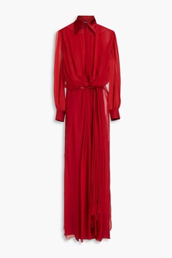 Pleated silk-voile maxi shirt dress