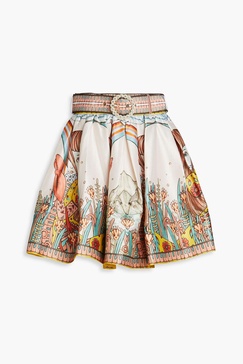 Belted printed silk mini skirt