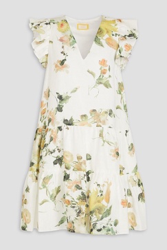 Ruffled floral-print linen mini dress