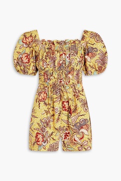 Alo shirred printed cotton-poplin playsuit