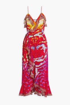 Embellished printed silk crepe de chine maxi wrap dress