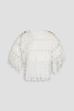 Linen crocheted lace and silk-organza top