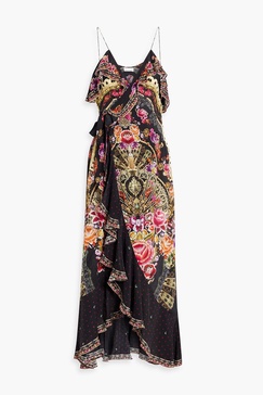 Ruffled printed silk crepe de chine maxi wrap dress