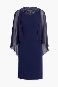 Cape-effect embellished chiffon and crepe dress