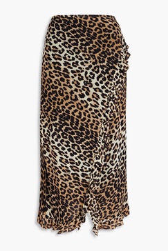 Ruffled leopard-print stretch-mesh midi wrap skirt