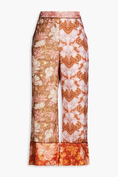 Cropped printed silk-twill straight-leg pants