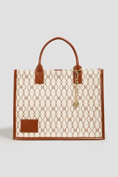 Leather-trimmed embroidered canvas tote