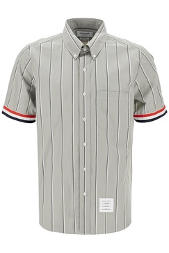 THOM BROWNE Striped Short-Sleeved Oxford Shirt with Tricolor Accents - Size 2