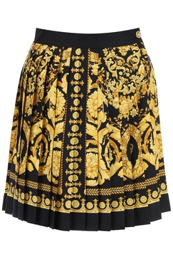 Black And Golden Pleated Skirt With Baroque Print All-over In Silk Woman