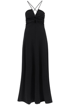 Maxi Black Dress with Drawstring and Criss-Cross Straps in Jersey Woman