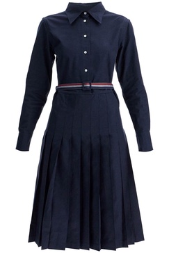 THOM BROWNE Elegant Midi Shirt Dress with Pleated Skirt and Tri-Color Belt