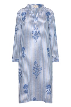 Tourist Hand Printed Stripe Linen Tunic Dress - Blue And White