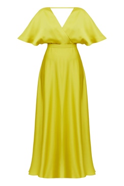 Solene Lime Green Satin Long Evening Dress With Butterfly Sleeves