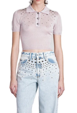 Alessandra Rich Semi Sheer Lurex Studded Polo Top