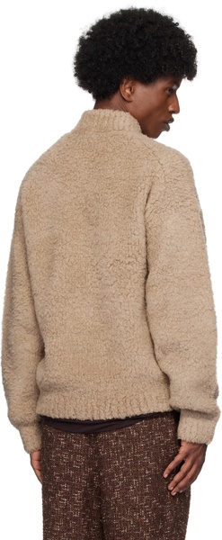 Beige Merino Wool Boa Knit Half Zip Sweater