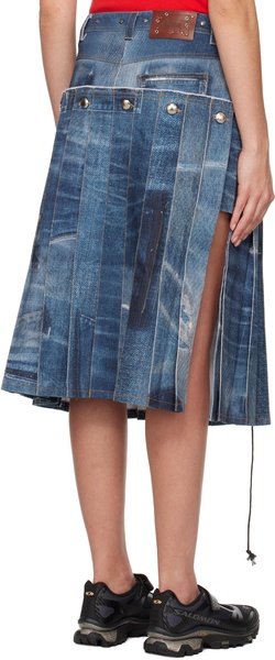 Blue Trompe L'œil Pleats Midi Skirt