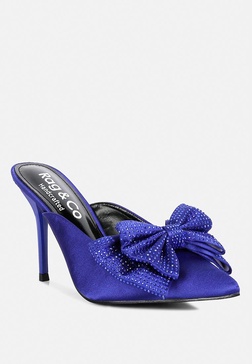 elisda blue embellished bow high heel mules