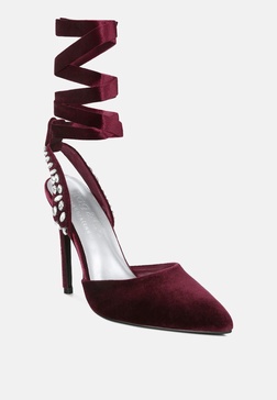 wallis burgundy diamante embellished tie up stiletto sandals