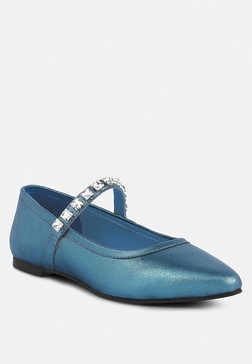 alverno metallic diamante mary jane leather flats in blue