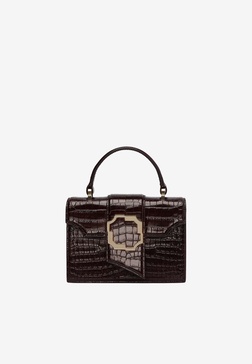 Mini Audrey Crest Buckle Top Handle Bag in Croc-Embossed Leather