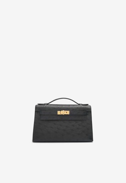 Kelly Pochette Clutch Bag in Black Ostrich Leather with Gold Hardware