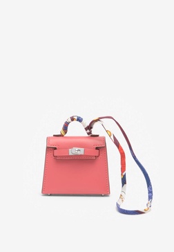 Kelly Twilly Bag Charm in Rose Lipstick Tadelakt with Printed Silk Strap