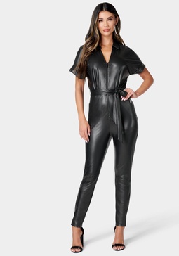 Women's Faux Leather Moto Jumpsuit - Black - Medium