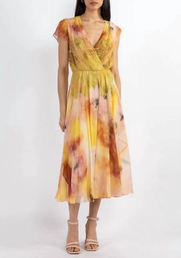 sleeveless crinkle chiffon lace detail daydress in yellow pink