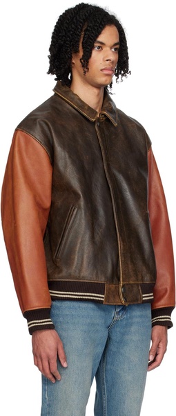 Brown & Orange Varsity Leather Bomber Jacket