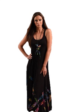 bra-friendly vibrant tropical dress with necklace in black