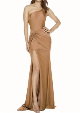 one shoulder waist knot slit gown in honey